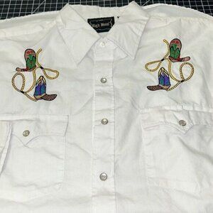 High Noon Western White Long Sleeve Shirt With Embroidered Cowboy Boots  Ropes